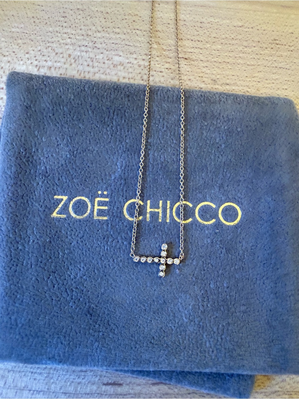 Zoe Chicco. Diamond Bezel Cross Necklace. 14k gold and diamond. 14-16inch